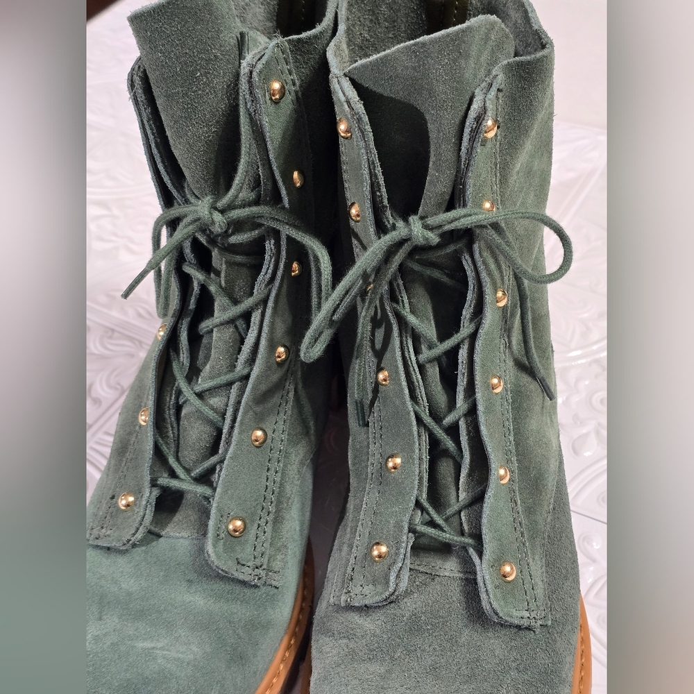 Schutz Green Suede Women's Combat Moto Boots - Picture 6 of 13